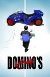  1boy akira artist_request black_hair domino&#039;s_pizza english food ground_vehicle highres kaneda_shoutarou motor_vehicle motorcycle parody pizza pizza_box pizza_delivery solo 
