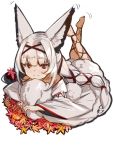  1girl animal_ear_fluff animal_ears bangs barefoot eyebrows_visible_through_hair fox_ears fox_tail japanese_clothes leaf legs_up long_hair lying maple_leaf off_shoulder on_stomach original red_eyes silver_hair simple_background smile solo tail tail_hug tied_hair white_background wide_sleeves yuuji_(yukimimi) 