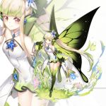  1girl artist_name bare_shoulders blonde_hair bow brown_eyes detached_sleeves fairy fairy_wings flower full_body gloves grass green_bow green_legwear hair_bow hair_flower hair_ornament holding holding_staff index_finger_raised long_hair original smile staff thigh-highs very_long_hair vilor white_gloves wings zoom_layer 
