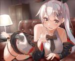  1girl ankle_strap bangs bare_shoulders barefoot blouse blush bow breasts brown_eyes cleavage closed_mouth eyebrows_visible_through_hair five-seven_(girls_frontline) girls_frontline hair_ornament hair_ribbon hand_up indoors jacket jewelry kinoruru_toiro lampshade large_breasts long_hair looking_at_viewer lounge lying night off_shoulder on_side pleated_skirt ponytail pouch ribbon sidelocks silver_hair simple_background skirt sleeveless_blouse smile solo thigh_strap very_long_hair 