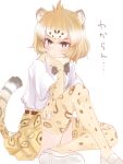  1girl animal_ears animal_print bangs black_neckwear bow bowtie brown_eyes closed_mouth commentary_request eyebrows_visible_through_hair full_body fur_collar gloves hand_on_own_cheek hand_rest hand_up head_rest highres jaguar_(kemono_friends) jaguar_ears jaguar_print jaguar_tail kemono_friends knee_up light_brown_hair looking_to_the_side nenkou-san print_gloves print_legwear print_skirt shirt shoes short_hair short_sleeves sitting skirt soles solo tail thigh-highs white_footwear white_shirt 