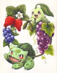  :d blueberry bulbasaur chikorita commentary fangs food fruit grapes highres leaf looking_at_another misonikomiii no_humans nostrils open_mouth plant pokemon pokemon_(creature) pokemon_(game) pokemon_hgss red_eyes sharp_teeth simple_background smile strawberry teeth white_background 