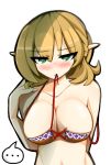  ... 1girl arm_behind_back bangs bare_shoulders blonde_hair blush bra breasts brown_bra cleavage collarbone green_eyes hand_on_own_shoulder hand_on_shoulder highres kaliningradg large_breasts looking_at_viewer medium_hair mizuhashi_parsee mouth_hold multicolored multicolored_bra multicolored_clothes navel partially_undressed pointy_ears pulled_by_self purple_bra red_string simple_background solo spoken_ellipsis strap_pull strap_slip string touhou underwear upper_body white_background 