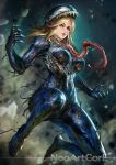  1girl ann_weying artist_name blonde_hair blurry blurry_background breasts claws green_eyes large_breasts lips long_hair long_tongue looking_at_viewer marvel nudtawut_thongmai parted_lips patreon_username saliva sharp_teeth she-venom solo spider-man_(series) symbiote teeth tongue watermark 