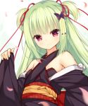  1girl bangs bare_shoulders black_kimono butterfly_hair_ornament cariboy closed_mouth commentary_request eyebrows_visible_through_hair fingernails green_hair hair_ornament hair_ribbon hand_up head_tilt japanese_clothes kimono long_sleeves murasame_(senren) obi off_shoulder petals pinching_sleeves red_eyes red_ribbon ribbon sash senren_banka sidelocks sleeves_past_wrists smile solo two_side_up upper_body white_background 