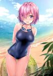  1girl absurdres arm_behind_back bangs beach breasts collarbone day eyebrows_visible_through_hair fate/grand_order fate_(series) goggles goggles_around_neck highres innertube kotatsu_(kotatsu358) looking_at_viewer mash_kyrielight medium_breasts ocean one-piece_swimsuit open_mouth outdoors pink_hair short_hair smile swimsuit violet_eyes water 