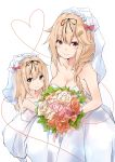  2girls bare_arms bare_shoulders blonde_hair blush bouquet braid breasts bridal_veil bride closed_mouth dress flower gloves grey_eyes hair_flaps hair_ornament hair_ribbon hairclip heart highres if_they_mated kantai_collection long_hair looking_at_viewer married mother_and_daughter multiple_girls red_eyes remodel_(kantai_collection) ribbon saku_(kudrove) single_braid smile strapless strapless_dress veil wedding_dress white_background yuudachi_(kantai_collection) 