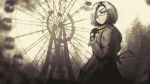  1girl carrying eyepatch ferris_wheel gloves gun highres looking_at_viewer original pripyat real_world_location sepia signature stalker_(game) trench_coat weapon 