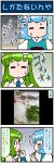  2girls 4koma artist_self-insert blue_hair closed_eyes comic commentary_request detached_sleeves eating food frog_hair_ornament green_hair hair_ornament hair_tubes highres juliet_sleeves kochiya_sanae long_hair long_sleeves mirror mizuki_hitoshi multiple_girls nontraditional_miko photo puffy_sleeves rain short_hair snake_hair_ornament tatara_kogasa touhou translation_request vest window 
