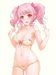  1girl akicho bang_dream! bangs bikini blush breasts collarbone commentary_request groin hair_ribbon hands_up highres looking_at_viewer maruyama_aya medium_breasts navel open_mouth pink_eyes pink_hair pink_ribbon ribbon sidelocks simple_background solo stomach strap_slip sweat swimsuit tears twintails white_background yellow_bikini 