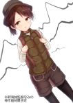  1girl :&lt; alternate_costume backpack bag bangs black_legwear blush brown_eyes brown_hair brown_hat brown_shorts brown_vest eyebrows_visible_through_hair hat highres holding kantai_collection long_sleeves looking_at_viewer minarai_shachou pantyhose parted_lips shikinami_(kantai_collection) shirt short_shorts shorts solo translation_request triangle_mouth vest white_background white_shirt 