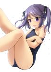  1girl fang feet_out_of_frame flat_chest highres long_hair looking_at_viewer old_school_swimsuit open_mouth original purple_hair ribbon school_swimsuit shibacha simple_background sitting smile solo swimsuit swimsuit_pull twintails violet_eyes white_background 