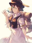  1girl brown_hair dress gloves green_eyes hat highres jewelry looking_at_viewer necklace octopath_traveler one_eye_closed short_hair simple_background smile solo st_beans_lal tressa_(octopath_traveler) 