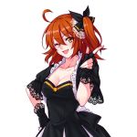  1girl ;d ahoge black_bow black_capelet black_gloves bow breasts brown_eyes brown_hair capelet cleavage collarbone eyebrows_visible_through_hair fate/grand_order fate_(series) fingerless_gloves fujimaru_ritsuka_(female) gloves hair_between_eyes hair_bow hand_on_hip long_hair looking_at_viewer medium_breasts one_eye_closed open_mouth shiny shiny_hair side_ponytail simple_background smile solo standing upper_body white_background yaoshi_jun 