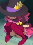  1girl black_gloves boots closed_mouth gloves haruyama_kazunori hat hugtto!_precure nono_hana panties pantyshot pantyshot_(sitting) precure red_footwear red_legwear redhead short_hair sitting star thigh-highs thigh_boots underwear white_panties witch_hat 