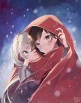  2girls blue_eyes blush brown_eyes brown_hair cape ecru long_hair long_sleeves looking_at_viewer multiple_girls one_eye_closed parted_lips red_cape ruby_rose rwby shared_cape short_hair side_ponytail signature silver_hair snowing upper_body very_long_hair weiss_schnee 