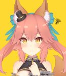  1girl absurdres animal_ear_fluff animal_ears closed_eyes eyebrows_visible_through_hair fate/extra fate/grand_order fate_(series) fox_ears fox_girl frown green_ribbon hair_ornament hand_on_own_chest hat highres looking_at_viewer mini_hat mini_top_hat pink_hair rachione ribbon simple_background solo tamamo_(fate)_(all) tamamo_no_mae_(fate) top_hat yellow_background yellow_eyes 