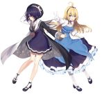  2girls ahoge arm_up bare_legs black_footwear black_hairband black_hat black_neckwear black_ribbon blonde_hair blue_dress blue_eyes breasts coat commentary_request crescent crescent_moon_pin dress eyebrows_visible_through_hair frilled_sleeves frills full_body gloves hair_over_one_eye hairband hat high_heels jewelry layered_dress long_sleeves looking_at_viewer medium_breasts multiple_girls neck_ribbon necklace necomi open_clothes open_coat original outstretched_arm pantyhose pendant purple_dress purple_hair red_eyes ribbon sailor_collar sailor_dress short_hair simple_background skirt_hold sparkle_print v virtual_youtuber white_background white_gloves white_legwear white_sailor_collar 