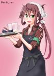  1girl alternate_costume anchor_symbol anti_(untea9) apron asagumo_(kantai_collection) bandanna beer_mug black_apron bowl brown_hair brown_jacket chopsticks commentary_request cowboy_shot gradient gradient_background green_eyes hair_rings highres jacket kantai_collection long_hair looking_at_viewer pink_background sleeves_rolled_up solo track_suit tray twintails twitter_username 