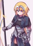  1girl absurdres armor blonde_hair blue_eyes blush braid cape cowboy_shot fate/apocrypha fate/grand_order fate_(series) highres jeanne_d&#039;arc_(fate) jeanne_d&#039;arc_(fate)_(all) looking_at_viewer polearm side_slit single_braid solo standard_bearer sword tegar32 thigh-highs weapon 