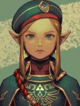  1boy artist_name bellhenge blonde_hair blue_eyes blue_hat closed_mouth commentary earrings emblem eyebrows forehead hat jewelry link lips male_focus military military_uniform nintendo pointy_ears portrait rope short_hair_with_long_locks solo the_legend_of_zelda the_legend_of_zelda:_breath_of_the_wild triforce uniform v-shaped_eyebrows 