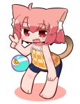  1girl :d ahoge animal_ear_fluff animal_ears bangs bare_arms bare_shoulders barefoot bike_shorts blue_shorts blush camisole cat_ears cat_girl cat_tail chibi collarbone colored_eyelashes commentary_request copyright_request eyeball eyebrows_visible_through_hair fang full_body hair_between_eyes hand_on_leg hand_up highres leaning_forward naga_u open_mouth red_eyes redhead short_shorts shorts smile solo standing tail tail_raised v white_background 
