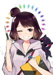  1girl ;d absurdres animal animal_on_shoulder brown_hair eyebrows_visible_through_hair fate/grand_order fate_(series) grin hair_bun highres holding holding_pencil katsushika_hokusai_(fate/grand_order) looking_at_viewer one_eye_closed open_mouth pencil purple_sweater short_hair smile solo sweater tate_(donnguriumai) tokitarou_(fate/grand_order) upper_body violet_eyes white_background 
