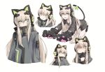  1girl absurdres alma01 animal_ears blonde_hair blush bow cat_ear_headphones cat_ears cat_paws frown girls_frontline gloves green_eyes hair_between_eyes headphones highres jacket long_hair looking_at_viewer paw_gloves paws saliva solo tail tail_bow tears tmp_(girls_frontline) very_long_hair 