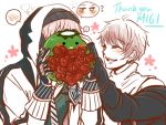  2boys 66_(roro) blush closed_eyes covering_face embarrassed flower gloves green_eyes heart highres hood hoodie kappa male_focus multiple_boys paid_reward pink_hair red_flower red_rose rose ryllen smile spoken_heart stuffed_animal stuffed_toy thank_you vocaloid vy2 yuecheng 