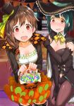  2girls bangs black_gloves blush bow braid brown_hair cape collar commentary couch cowboy_shot crossover dot_nose elbow_gloves embarrassed eyebrows_visible_through_hair frilled_skirt frills gem gloves green_hair hair_ornament hair_over_shoulder halloween halloween_basket hat idolmaster idolmaster_(classic) idolmaster_cinderella_girls indoors jack-o&#039;-lantern jack-o&#039;-lantern_hair_ornament jacket leotard long_sleeves looking_at_viewer mini_hat mole mole_under_mouth multiple_girls night nose_blush orange_skirt otonashi_kotori pantyhose party red_eyes senkawa_chihiro side_braid skirt thigh-highs window wing_collar witch witch_hat yanngoto 