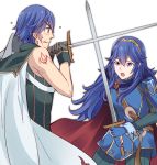  1boy 1girl blue_eyes blue_gloves blue_hair brown_hairband cape eyebrows_visible_through_hair father_and_daughter fingerless_gloves fire_emblem fire_emblem:_kakusei floating_hair gloves grey_gloves hair_between_eyes hairband holding holding_sword holding_weapon krom long_hair lucina mejiro nintendo open_mouth pants simple_background sleeveless sweatdrop sword weapon white_background white_cape 