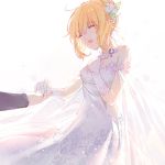  1boy 1girl artoria_pendragon_(all) blonde_hair breasts cleavage covered_navel dress eyebrows_visible_through_hair fate/stay_night fate_(series) gloves hair_between_eyes hair_ornament highres jewelry kamiowl long_dress necklace open_mouth saber short_hair sidelocks simple_background sleeveless sleeveless_dress standing strapless strapless_dress wedding_dress white_background white_dress white_gloves 