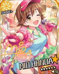  blush brown_eyes brown_hair cap character_name dress honda_mio idolmaster idolmaster_cinderella_girls microphone short_hair smile stars wink 