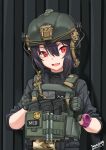  1girl :d absurdres american_flag bangs black_jacket brown_hair camouflage commentary_request dated ear_protection eyebrows_visible_through_hair fang gloves green_gloves hair_between_eyes head_tilt helmet highres ivan_wang jacket long_sleeves military military_uniform open_mouth original red_eyes signature sleeves_pushed_up smile smiley_face solo uniform upper_body v-shaped_eyebrows watch watch 