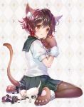  1girl 888myrrh888 :o animal animal_ears argyle argyle_background ass bangs black_legwear blush brown_hair cat cat_ears cat_tail commentary_request eyebrows_visible_through_hair figure full_body green_skirt hair_between_eyes highres kantai_collection kemonomimi_mode looking_at_viewer looking_to_the_side mutsuki_(kantai_collection) open_mouth pantyhose paws pleated_skirt school_uniform serafuku shirt short_hair short_sleeves sitting skirt solo tail wariza white_cat 