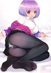  1girl ass bangs black_legwear blush breasts collared_shirt commentary_request eyebrows_visible_through_hair jacket large_breasts long_sleeves lying no_shoes off_shoulder on_side open_mouth panties panties_under_pantyhose pantyhose purple_hair purple_jacket red_eyes see-through shinjou_akane shiny shiny_hair shirt short_hair soles solo ssss.gridman underwear white_panties white_shirt wing_collar xiaoshou_xiansheng 