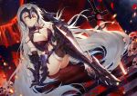  1girl absurdres armor armored_dress bangs black_dress breasts chains cleavage dress fate/grand_order fate_(series) faulds fur_trim headpiece highres holding holding_weapon horz jeanne_d&#039;arc_(alter)_(fate) jeanne_d&#039;arc_(fate)_(all) large_breasts long_hair medium_breasts parted_lips silver_hair solo thigh-highs thighs weapon yellow_eyes 