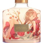  1girl bangs bare_shoulders barefoot blush bottle branch brown_hair closed_mouth collarbone dress echosdoodle eyebrows_visible_through_hair flower in_bottle in_container long_hair looking_at_viewer minigirl mirror_writing original pointy_ears red_eyes red_flower sign simple_background solo strap_slip transparent very_long_hair white_background white_dress 