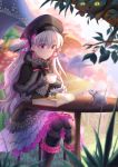  1girl airysher blurry_foreground book capelet cat chair commentary_request cup day doll_joints eyebrows_visible_through_hair fate/grand_order fate_(series) frills fur-trimmed_capelet fur_trim hair_between_eyes highres leaf long_hair mushroom nursery_rhyme_(fate/extra) open_book outdoors pink_eyes rabbit silver_hair sitting smile solo table teacup 