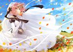  1girl black_ribbon blue_eyes blue_sky bridal_veil day detached_sleeves dress fate/apocrypha fate_(series) field flower flower_field frankenstein&#039;s_monster_(fate) gloves hair_flower hair_ornament head_wreath heterochromia holding holding_flower horn long_dress long_sleeves looking_up orange_flower outdoors parted_lips petals ribbon rose sky sleeveless sleeveless_dress solo veil wedding_dress white_dress white_flower white_gloves white_rose white_sleeves yashiro_seika yellow_eyes 