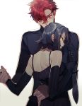  1boy 1girl arm_around_waist baccano! bare_shoulders black_gloves black_hair chane_laforet claire_stanfield couple dress gloves hair_between_eyes holding holding_knife honey_dogs knife looking_back red_eyes redhead short_hair simple_background weapon white_background yellow_eyes 