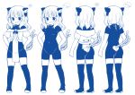  1girl animal_ear_fluff animal_ears arms_at_sides ass bangs bare_thighs black_legwear blush bodysuit bow cat_ears cat_tail character_sheet covered_navel full_body hair_bow hair_ornament hairclip hands_on_hips medium_hair monochrome muku_(muku-coffee) multiple_tails multiple_views original pelvic_curtain skin_tight solo standing strapless tail tail_cutout thigh-highs turnaround white_hair 