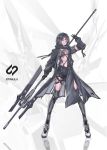  1girl absurdres asymmetrical_clothes bikini_top black_eyes black_hair cancell detached_sleeves full_body gloves half_gloves highres legs_apart long_coat looking_at_viewer original reflection science_fiction see-through short_hair shorts standing thigh-highs weapon 