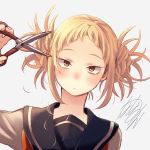  1girl alternate_hairstyle blonde_hair boku_no_hero_academia brown_eyes cutting_hair double_bun looking_at_viewer messy_hair nanaminn school_uniform scissors serafuku short_hair solo toga_himiko upper_body 