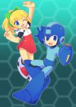  1boy 1girl android arm_cannon arm_up bangs blonde_hair blue_eyes blush bow capcom dress full_body green_bow hair_bow helmet high_ponytail highres hood hood_down hooded_dress long_hair omeehayo one_eye_closed open_mouth ponytail red_dress rockman rockman_(character) rockman_(classic) rockman_11 roll sidelocks smile weapon 