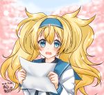 0yukiya0 1girl aqua_eyes bangs big_hair blonde_hair blurry blurry_background blush breasts commentary_request d: dated gambier_bay_(kantai_collection) hair_intakes hairband holding kantai_collection long_hair long_sleeves open_mouth signature solo twintails upper_body 