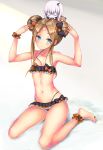  abigail_williams_(fate/grand_order) ankle_garter bags_under_eyes bandaid_on_forehead bangs bare_shoulders bikini black_bikini black_bow blonde_hair blue_eyes blush bow breasts chibi collarbone crossed_bandaids double_bun emerald_float fate/grand_order fate_(series) forehead frilled_bikini frills gradient gradient_background hair_bow hands_up highres horn kagutsuchi_(l&#039;archange) lavinia_whateley_(fate/grand_order) legs long_hair looking_at_viewer navel orange_bow pale_skin parted_bangs polka_dot polka_dot_bow scrunchie sitting small_breasts stuffed_animal stuffed_toy swimsuit teddy_bear thighs waist wariza white_hair wide-eyed wrist_scrunchie 