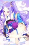  1girl armpits ass bare_shoulders bow chinese_clothes dress dress_lift eyeliner fang fate/grand_order fate_(series) hand_on_own_face hanfu highres kirie_nozomi leg_lift legs long_hair long_sleeves makeup naughty_face no_panties off_shoulder open_mouth pelvic_curtain purple_dress purple_hair revision sash scrunchie shawl shoes smile solo twintails very_long_hair violet_eyes wide_sleeves wu_zetian_(fate/grand_order) yellow_scrunchie 