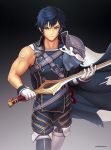  1boy armor blue_eyes blue_hair cape falchion_(fire_emblem) fire_emblem fire_emblem:_kakusei gloves hybridmink krom looking_at_viewer male_focus nintendo robe short_hair simple_background solo super_smash_bros. super_smash_bros._ultimate weapon 