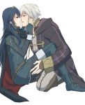  1boy 1girl black_cape black_coat black_pants blue_eyes blue_hair brown_eyes brown_footwear cape couple eye_contact fire_emblem fire_emblem:_kakusei from_side grey_pants hairband imminent_kiss long_hair looking_at_another lucina male_my_unit_(fire_emblem:_kakusei) mejiro my_unit_(fire_emblem:_kakusei) nintendo pants parted_lips silver_hair simple_background sitting very_long_hair white_background 